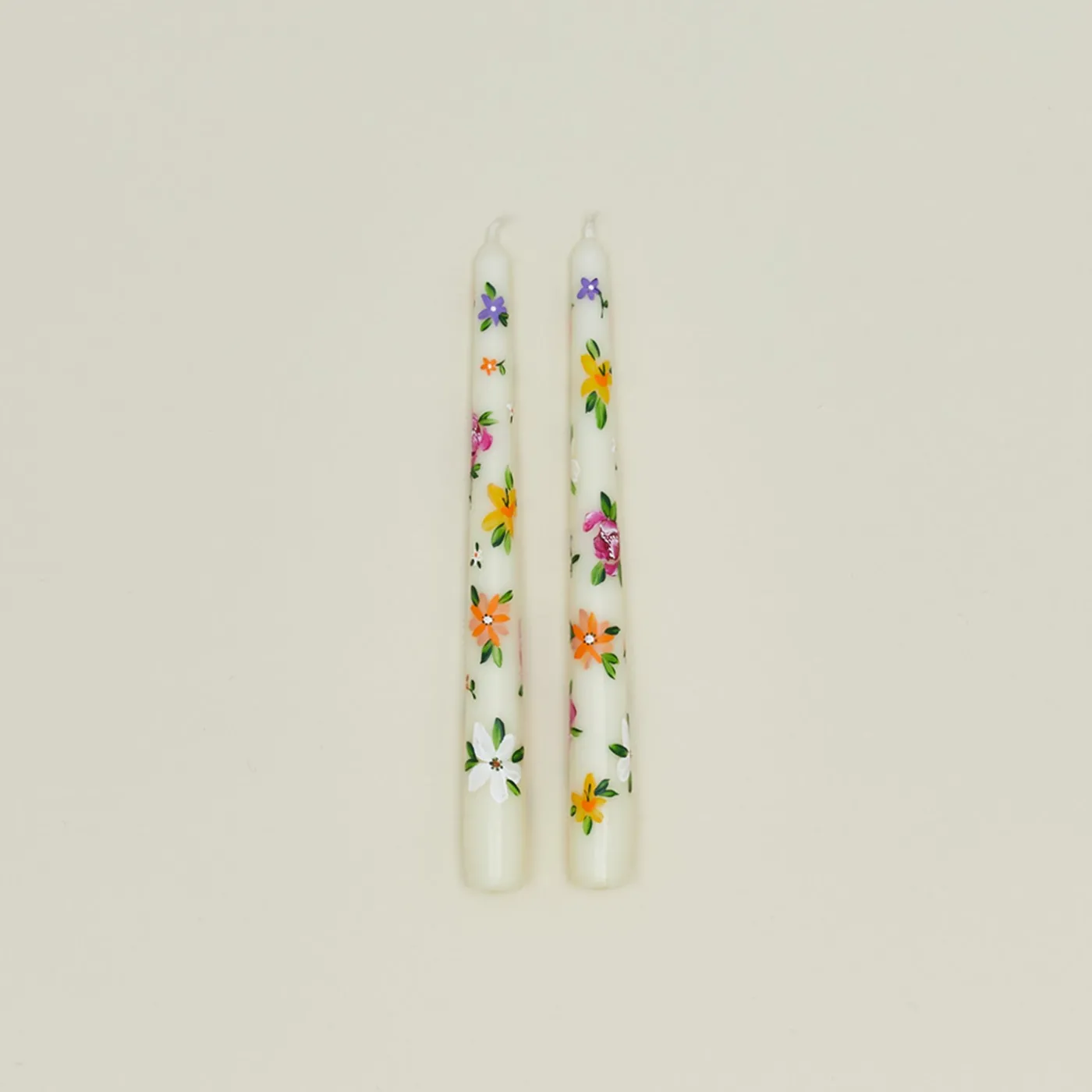 Floral Handpainted Taper Pair - White