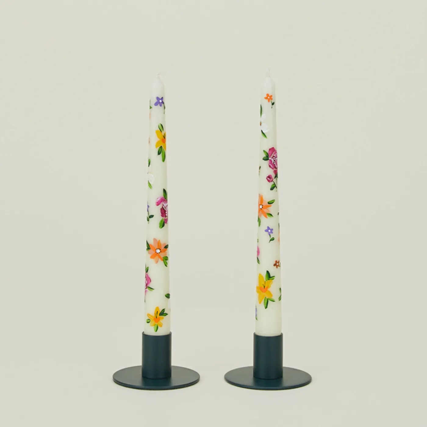 Floral Handpainted Taper Pair - White